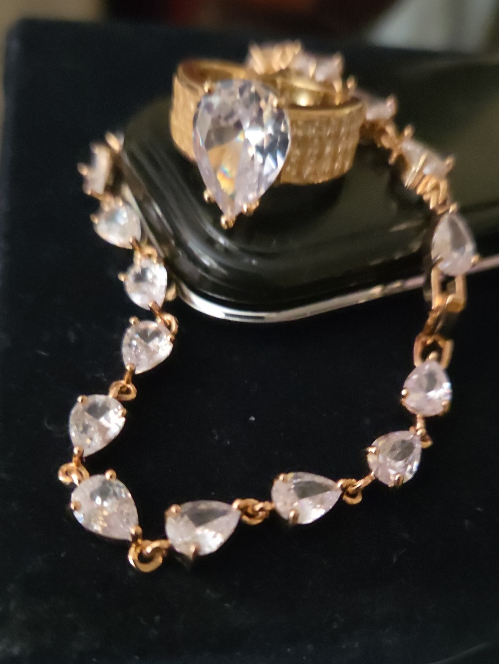 New!Rare! 14k gold plated, pear cut, tennis bracelet,ring set!